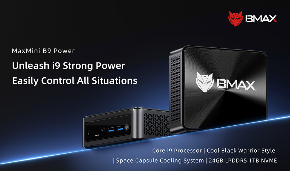 BMAX B9 Power Mini PC, Intel Core i9-12900H 14 jadier max. 5,0 GHz, 24 GB LPDDR5 RAM 1 TB SSD, DP+HDMI+Type-C 4K Triple Display, podpora Dynamic HDR, WiFi 6 Bluetooth 5.2, 2*USB 3.2 2*USB 2.0 1*RJ45 1*3.5mm Headset Jack, Space Capsule Cooling System