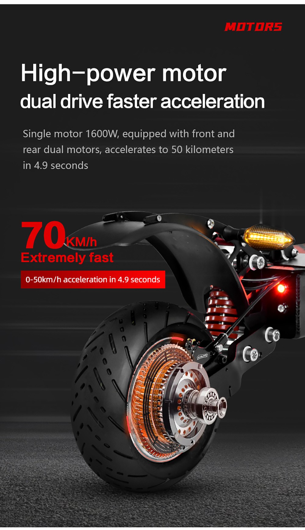 BOYUEDA Q7 Pro Electric Scooter, 2*1600W motor, 52V 19AH batéria, 10-palcová pneumatika, max. rýchlosť 70 km/h, dojazd 70 km, dvojité hydraulické kotúčové brzdy, predný hydraulický tlmič & zadný pružinový tlmič, APP Control