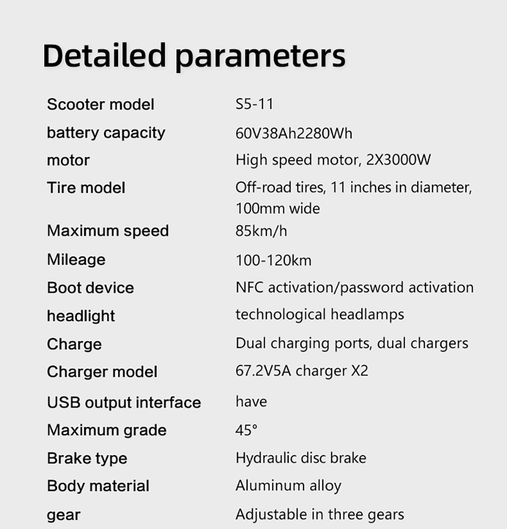 BOYUEDA S5-11 Electric Scooter, 2*3000W Motor, 60V 38AH batéria, 11-palcová pneumatika, max. rýchlosť 85 km/h, dojazd 120 km, dvojité hydraulické kotúčové brzdy, hydraulický tlmič, LCD displej