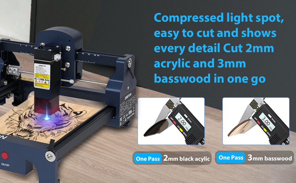 Prenosný laserový gravírovací stroj DIMIFUN D9 A45 4,5 W, ochrana očí, rýchlosť 10000 mm/min, 0.06mm bod, 130*130mm, redukcia hluku