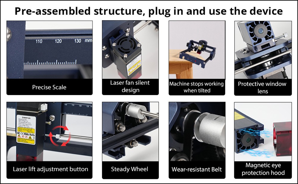 DIMIFUN D9 A45 4.5W Portable Laser Engraving Machine, Eye Protection, 10000mm/min Speed, 0.06mm Spot, 130*130mm, Noise Reduction