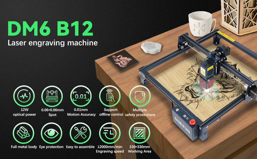 DIMIFUN DM6 B12 12W Laserový gravírovací stroj, ochrana očí, 0.01mm presnosť, 0.06mm Spot, rýchlosť 12000mm/min, 330*330mm