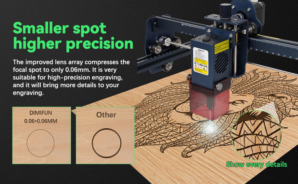 Laserový gravírovací stroj DIMIFUN DM6 B12 12W, ochrana očí, presnosť 0,01 mm, 0.06mm Spot, rýchlosť 12000mm/min, 330*330mm