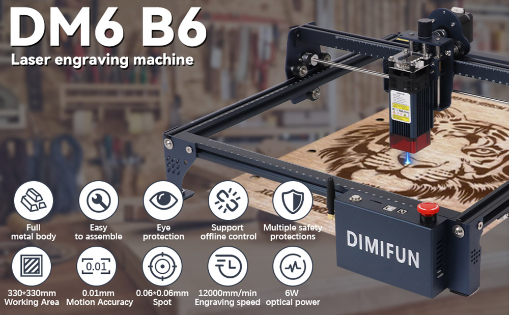 DIMIFUN DM6 B6 6W Laserový gravírovací stroj, ochrana očí, 0.01mm presnosť, 0.06mm Spot, rýchlosť 12000mm/min, 330*330mm