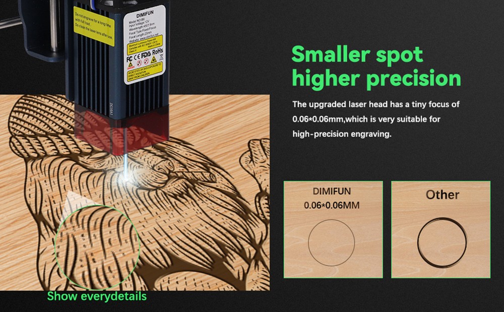 DIMIFUN DM6 B6 6W laserový gravírovací stroj, ochrana očí, presnosť 0,01 mm, 0.06mm Spot, rýchlosť 12000mm/min, 330*330mm