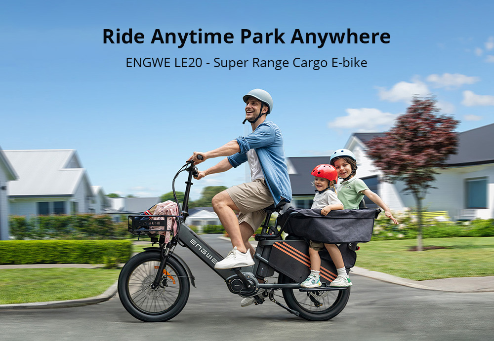 ENGWE LE20 Cargo Electric Bike, 250W Mid-drive Motor, Torque Sensor, 48V 19.2Ah batéria, 20x3.0-palcové pneumatiky, max. rýchlosť 25 km/h, dojazd 180 km, hydraulické kotúčové brzdy, predné odpruženie, 7-stupňová prevodovka SHIMANO, nosnosť 200 kg - modrá