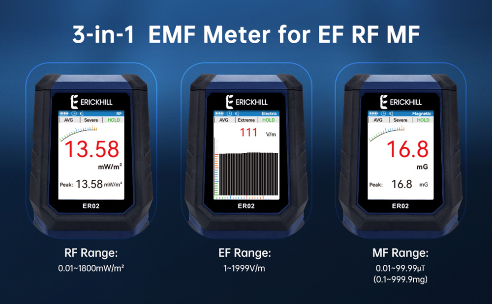 ERICKHILL ER02 EMF Meter, ručný detektor žiarenia elektromagnetického poľa pre EF RF MF