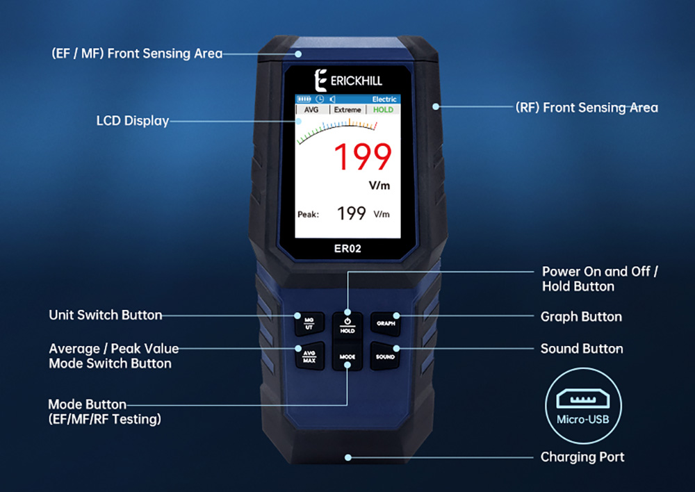 ERICKHILL ER02 EMF Meter, Hand-held Electromagnetic Field Radiation Detector for EF RF MF