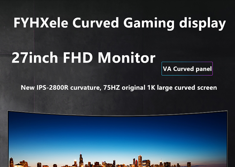 FYHXele FY27FMC-B 27 Zoll 2800R Curved Gaming-Monitor, 1920 x 1080 FHD 16:9 VA-Bildschirm, 75 Hz Bildwiederholfrequenz, 2 ms Reaktionszeit, 99 % sRGB, 1 x HDMI, 1 x VGA, 1 x Audio, einstellbare Neigung