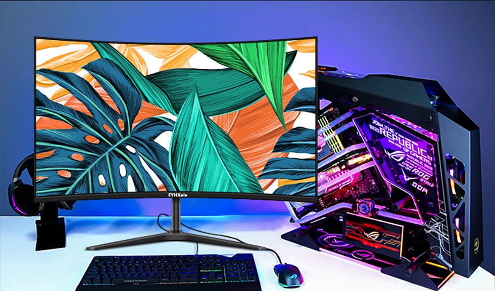 FYHXele FY27FMC-B 27 Zoll 2800R Curved Gaming-Monitor, 1920 x 1080 FHD 16:9 VA-Bildschirm, 75 Hz Bildwiederholfrequenz, 2 ms Reaktionszeit, 99 % sRGB, 1 x HDMI, 1 x VGA, 1 x Audio, einstellbare Neigung
