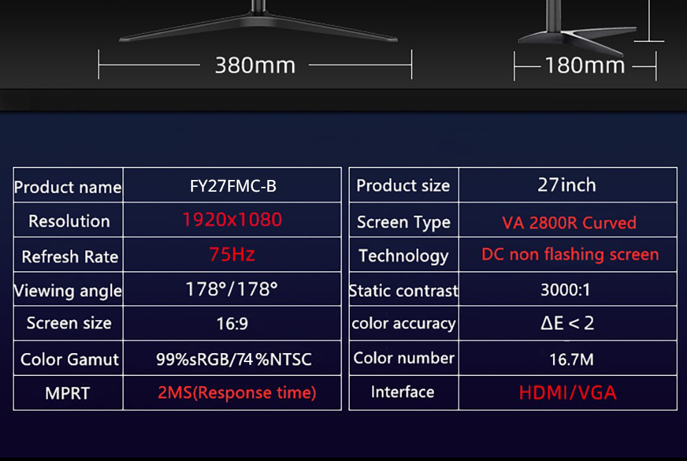 FYHXele FY27FMC-B 27-palcový zakrivený herný monitor 2800R, 1920*1080 FHD 16:9 VA obrazovka, 75 Hz obnovovacia frekvencia, 2 ms doba odozvy, 99 % sRGB, 1*HDMI 1*VGA 1*Audio, nastaviteľný sklon