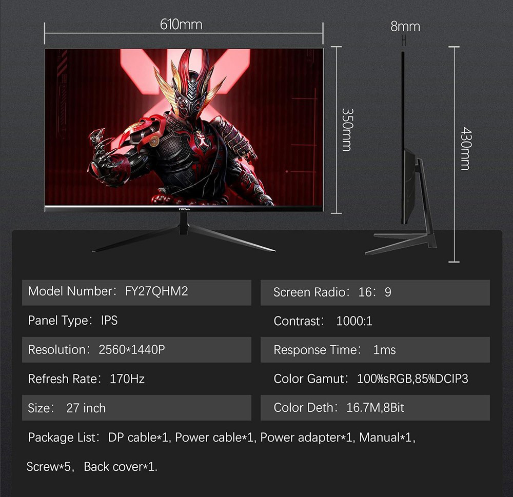 FYHXele FY27QHM2 27-palcový monitor, 2560*1440 QHD 16:9 IPS obrazovka, obnovovacia frekvencia 170 Hz, doba odozvy 1 ms GTG, 100% sRGB, kontrast 1000:1, FreeSync, 1*DP 1.4 2*HDMI 2.0 1*USB 2.0 1*Audio, nastavenie sklonu a montáž VESA