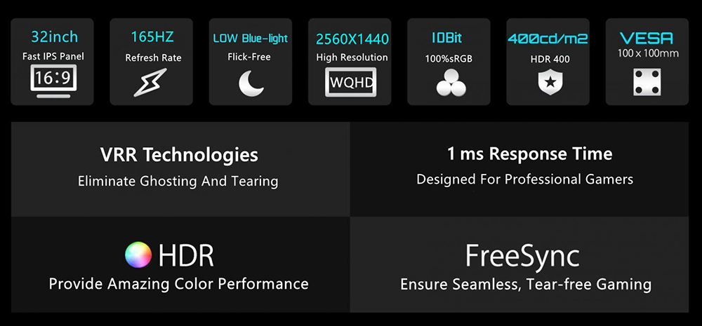 FYHXele FY32QH 32-palcový monitor, 2560*1440 WQHD 16:9 IPS obrazovka, obnovovacia frekvencia 165 Hz, doba odozvy 1 ms (MPRT), 100 % sRGB, kontrast 3000:1, kompatibilný s FreeSync & G-Sync, HDR 400, nízke modré svetlo, 2*DP1.4 2*HDMI 2.1 1*Audio
