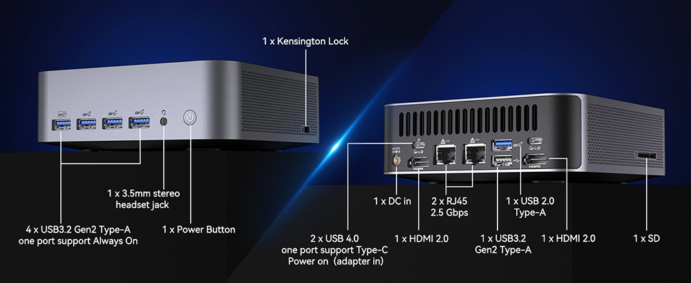 GEEKOM GT1 Mega AI Mini PC, Intel Core Ultra U7-155H 16 jadier do 4,9 GHz, 32 GB DDR5 RAM 1 TB SSD, 2 *USB4.0 (8K)+2*HDMI 2.0 (4K) 4 obrazovky, WiFi7 Bluetooth5.4, 5*USB3.2 1*USB2.0 2*RJ45 1*SD karta 1*Slúchadlový konektor, IceBlast 2.0 Chladiaci systém