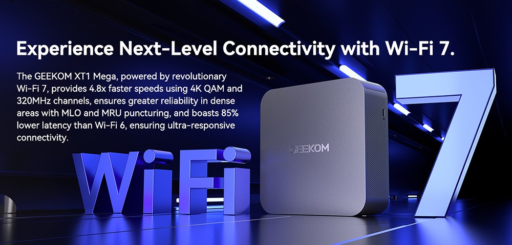 GEEKOM GT1 Mega AI Mini PC, Intel Core Ultra U7-155H 16 jadier do 4,9 GHz, 32 GB DDR5 RAM 1 TB SSD, 2 *USB4.0 (8K)+2*HDMI 2.0 (4K) 4 obrazovky, WiFi7 Bluetooth5.4, 5*USB3.2 1*USB2.0 2*RJ45 1*SD karta 1*Slúchadlový konektor, IceBlast 2.0 Chladiaci systém