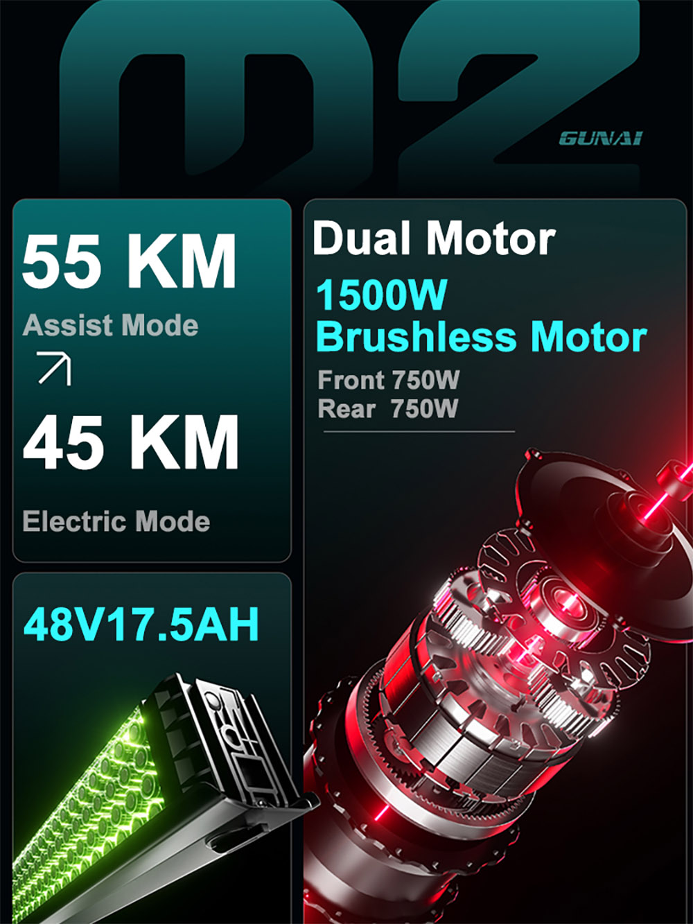 Elektrobicykel GUNAI-M2, 2*750W motor, 48V 17,5AH batéria, 26*4.0 palcové pneumatiky, max. rýchlosť 60 km/h, dojazd 55 km, hydraulické kotúčové brzdy, dvojité odpruženie, 7-stupňová prevodovka Shimano