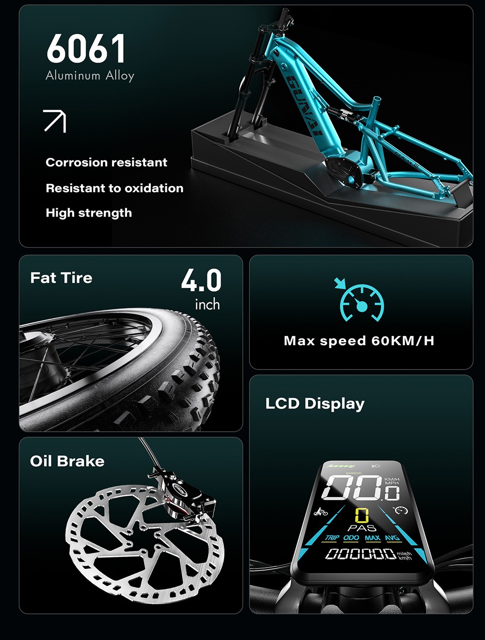 Elektrobicykel GUNAI-M2, 2*750W motor, 48V 17,5AH batéria, 26*4.0 palcové pneumatiky, max. rýchlosť 60 km/h, dojazd 55 km, hydraulické kotúčové brzdy, dvojité odpruženie, 7-stupňová prevodovka Shimano