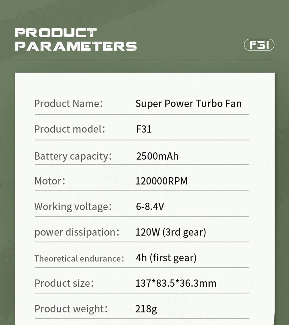 JARVIS F31 Violent Turbo Fan, 120,000RPM Super Power, 3-gear Wind Speed