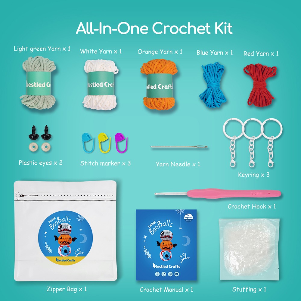 NestledCrafts Halloween Crochet Kit for Beginners, Amigurumi Knitting Kit, with Step-by-Step Video Tutorials - BooBalls