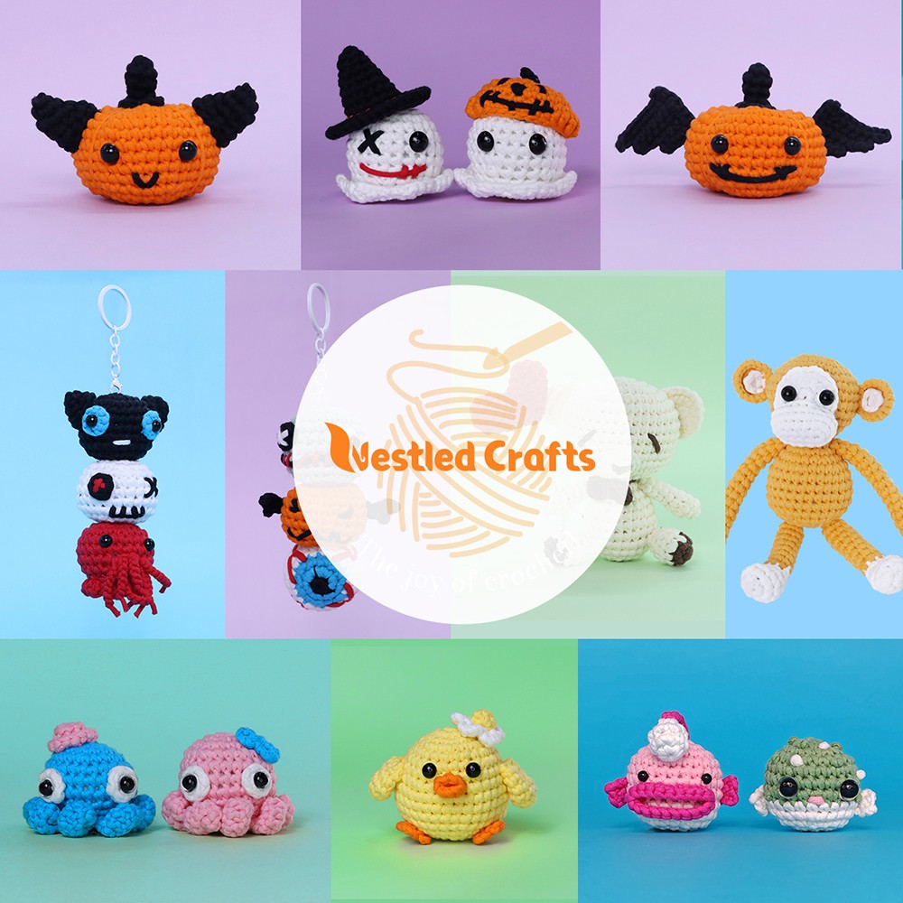 NestledCrafts Halloween Crochet Kit for Beginners, Amigurumi Knitting Kit, with Step-by-Step Video Tutorials - BooBalls