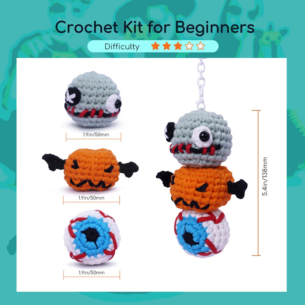 NestledCrafts Halloween Crochet Kit for Beginners, Amigurumi Knitting Kit, with Step-by-Step Video Tutorials - BooBalls