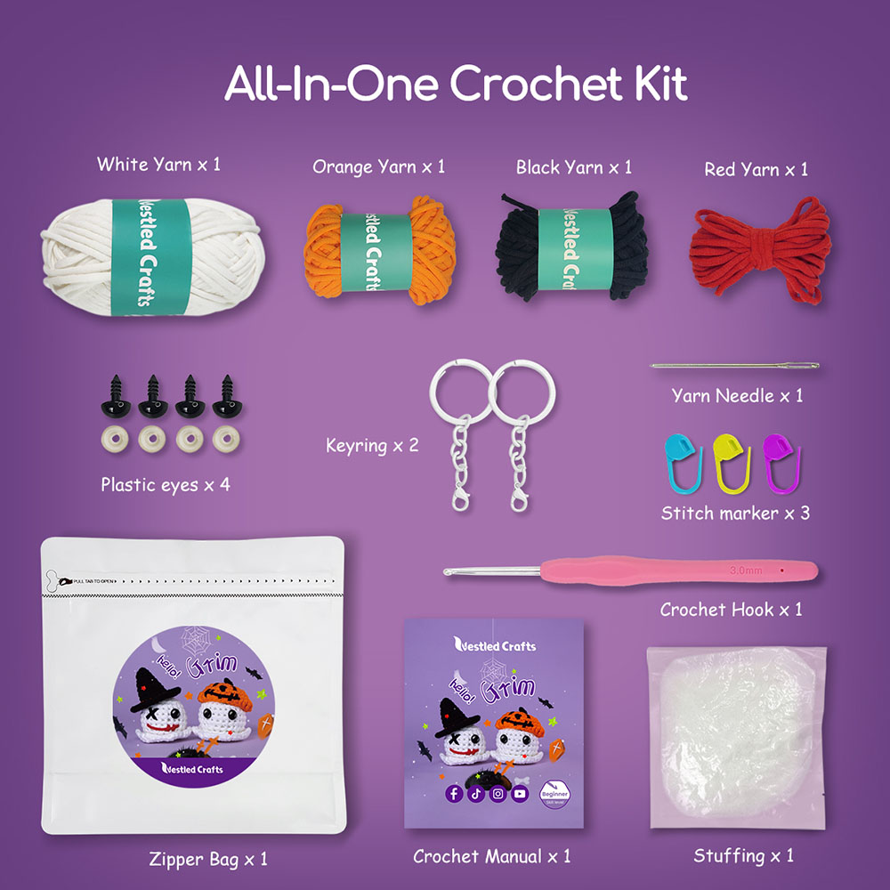 NestledCrafts Halloween Crochet Kit for Beginners, Amigurumi Knitting Kit, with Step-by-Step Video Tutorials - Grim