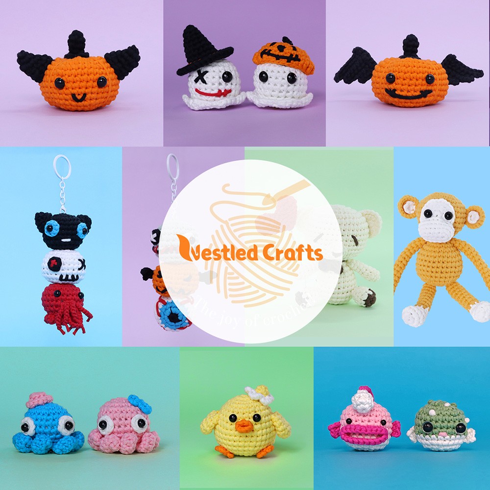 NestledCrafts Halloween Crochet Kit for Beginners, Amigurumi Knitting Kit, with Step-by-Step Video Tutorials - SpookBuds