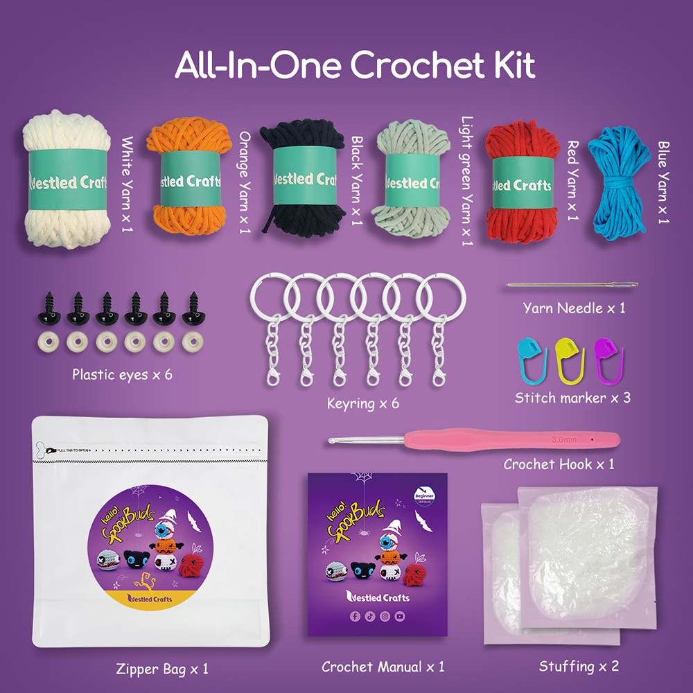 NestledCrafts Halloween Crochet Kit for Beginners, Amigurumi Knitting Kit, with Step-by-Step Video Tutorials - SpookBuds