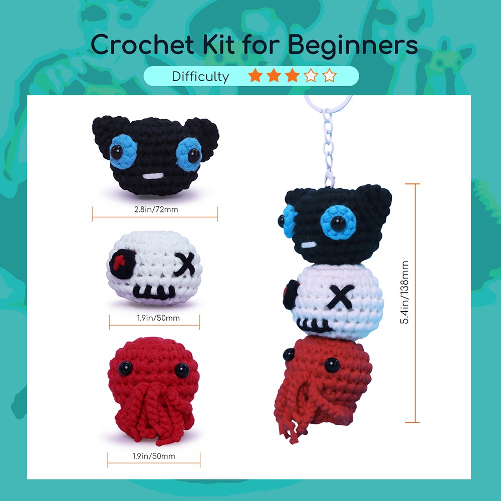 NestledCrafts Halloween Crochet Kit for Beginners, Amigurumi Knitting Kit, with Step-by-Step Video Tutorials - SpookPals