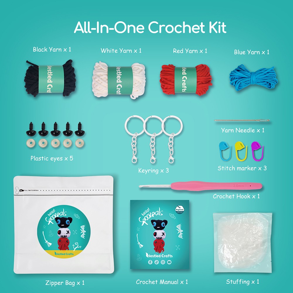 NestledCrafts Halloween Crochet Kit for Beginners, Amigurumi Knitting Kit, with Step-by-Step Video Tutorials - SpookPals