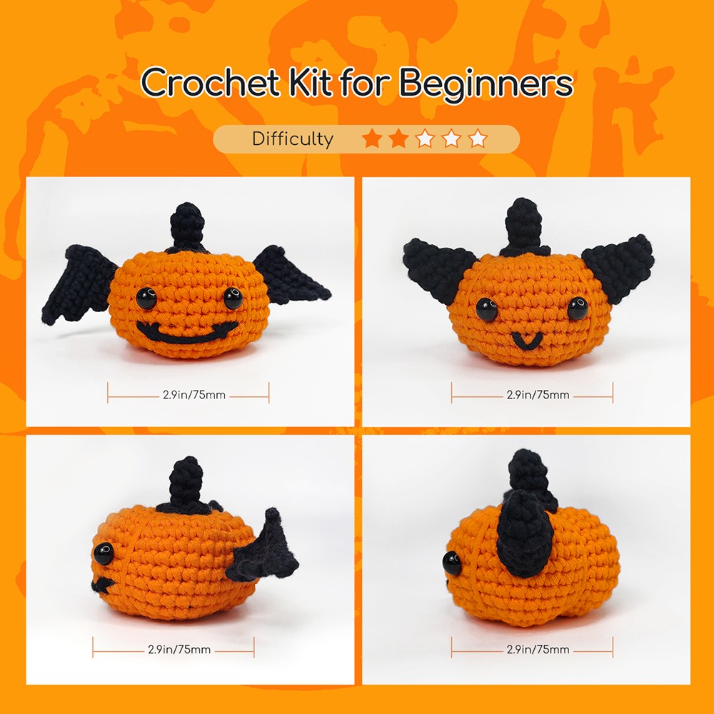 NestledCrafts Halloween Crochet Kit for Beginners, Amigurumi Knitting Kit, with Step-by-Step Video Tutorials - Pumpkins