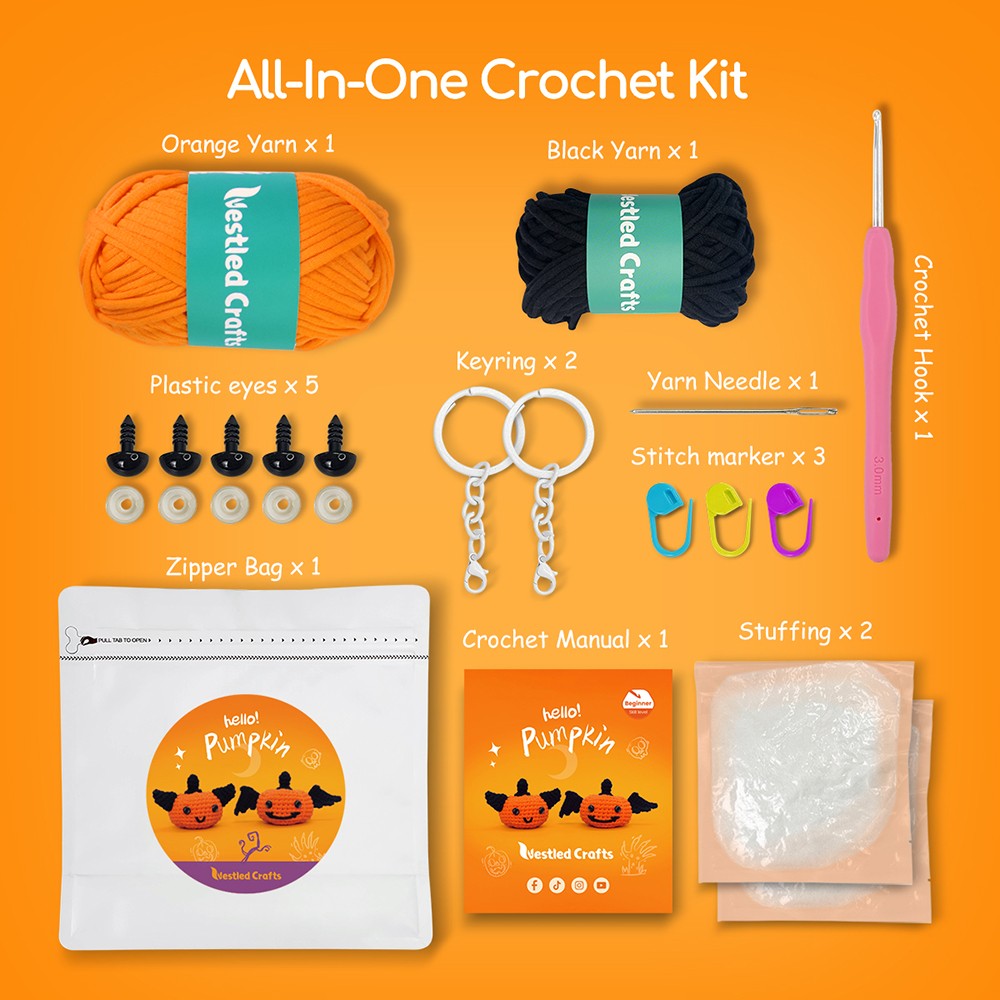 NestledCrafts Halloween Crochet Kit for Beginners, Amigurumi Knitting Kit, with Step-by-Step Video Tutorials - Pumpkins