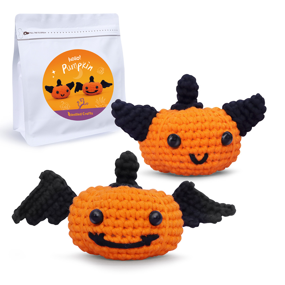 NestledCrafts Halloween Crochet Kit for Beginners, Amigurumi Knitting Kit, with Step-by-Step Video Tutorials - Pumpkins