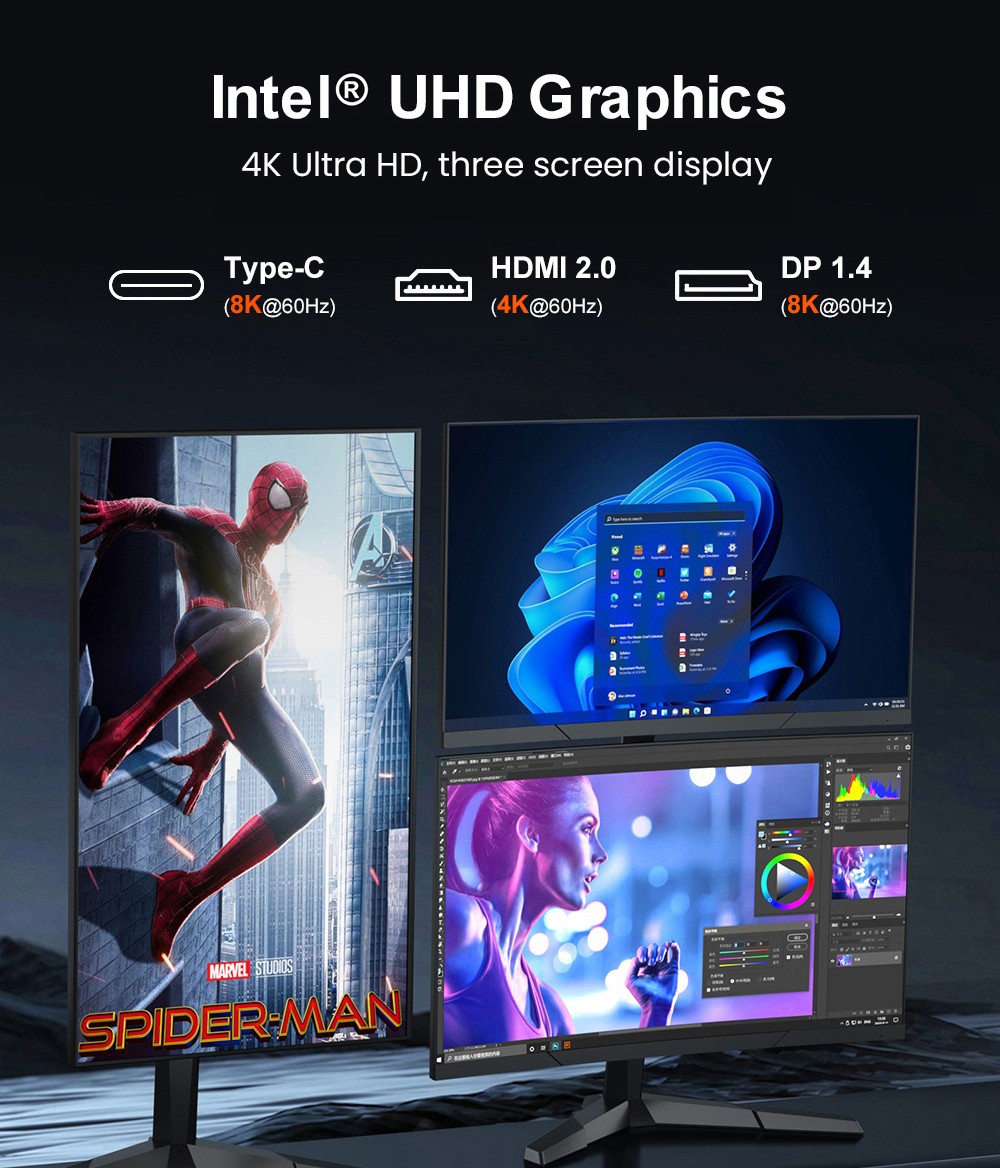 Ninkear N9 Mini-PC, Intel N95 4 Kerne, max. 3,40 GHz, 16 GB RAM, 512 GB SSD, Typ C (8K) + DP 1.4 (8K) + HDMI 2.0 (4K), Dreifach-Display, 2,4/5 GHz WLAN, Bluetooth 4.2, 4 x USB 3.0, 1 x RJ45, 1 x Kopfh&ouml;reranschluss