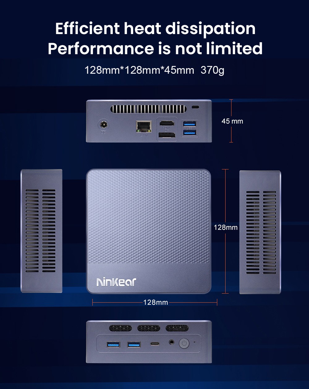 Ninkear N9 Mini PC, Intel N95 4 jadrá Max 3,40 GHz, 16 GB RAM 512 GB SSD, Type-C (8K)+DP 1.4 (8K)+HDMI 2.0 (4K) Trojitý displej, 2,4/5GHz WiFi Bluetooth 4.2, 4*USB 3.0 1*RJ45 1*Headphone Jack