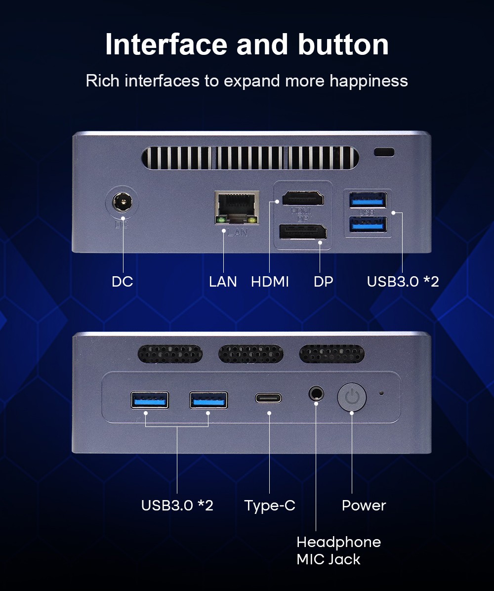 Ninkear N9 Mini PC, Intel N95 4 jadrá Max 3.40GHz, 16GB RAM 512GB SSD, trojitý displej Type-C (8K)+DP 1.4 (8K)+HDMI 2.0 (4K), 2,4/5GHz WiFi Bluetooth 4.2, 4*USB 3.0 1*RJ45 1*Headphone Jack