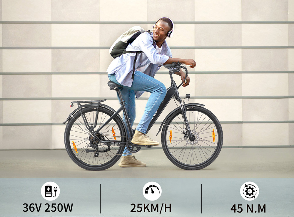 TTGO HZ-28ST Elektrofahrrad, 250-W-Motor, 36-V-20-Ah-Akku, 700C*45C-Reifen, 25 km/h H&ouml;chstgeschwindigkeit, 100 km maximale Reichweite, Scheibenbremse, Shimano 7-Gang-Schaltung, LCD-Display &ndash; Schwarz