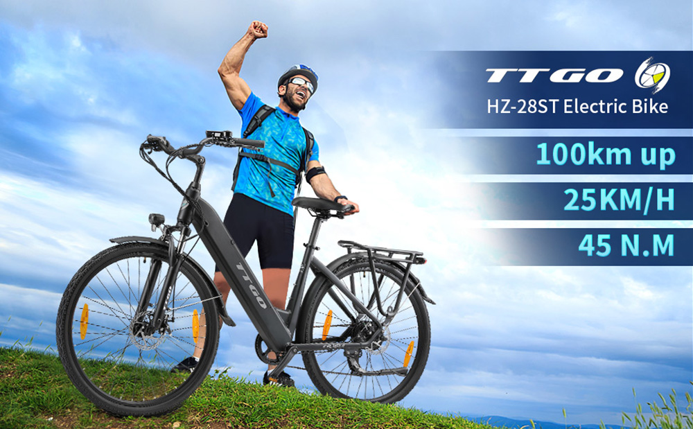 TTGO HZ-28ST Elektrofahrrad, 250-W-Motor, 36-V-20-Ah-Akku, 700C*45C-Reifen, 25 km/h H&ouml;chstgeschwindigkeit, 100 km maximale Reichweite, Scheibenbremse, Shimano 7-Gang-Schaltung, LCD-Display &ndash; Schwarz