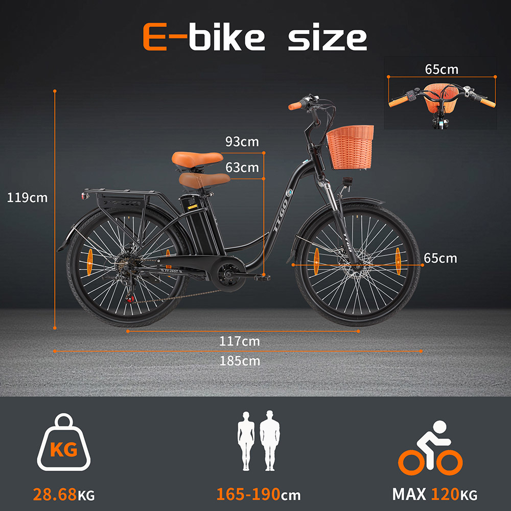 Elektrobicykel TTGO YY-26ST, 250W motor, 36V 14,5AH batéria, 26*1.95-palcové pneumatiky, max. rýchlosť 25 km/h, max. dojazd 100 km, kotúčové brzdy, 6-stupňová prevodovka SHIMANO, LED displej - čierny