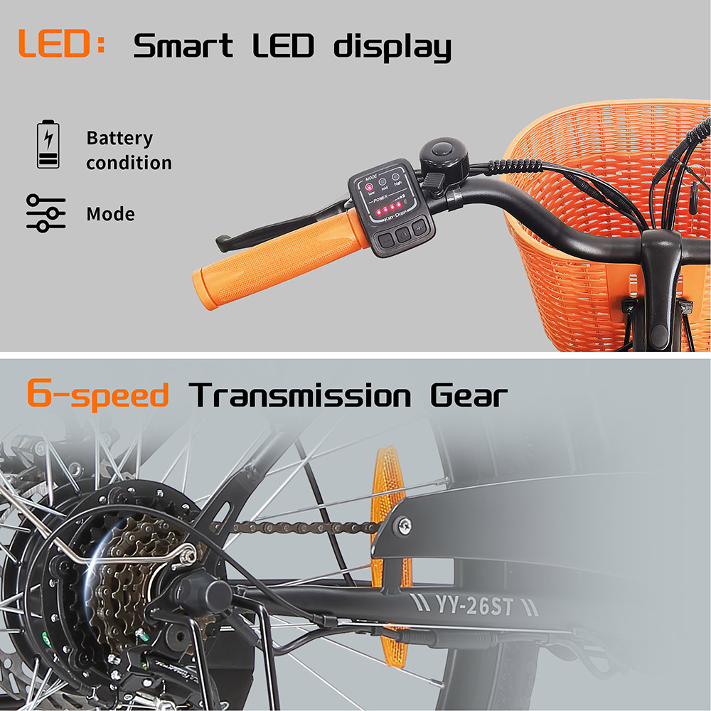 Elektrobicykel TTGO YY-26ST, 250W motor, 36V 14,5AH batéria, 26*1.95-palcové pneumatiky, max. rýchlosť 25 km/h, max. dojazd 100 km, kotúčové brzdy, 6-stupňová prevodovka SHIMANO, LED displej - čierny