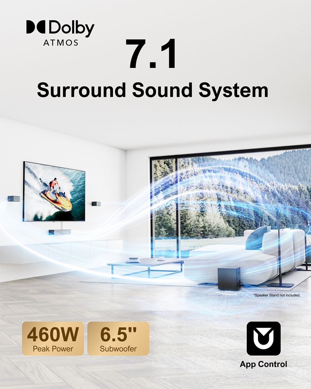 ULTIMEA Poseidon D80 7.1-kanálová súprava reproduktorov Soundbar so subwooferom, Dolby Atmos, 460 W špičkový výkon, APP ovládanie, 10 pásiem nastavenia ekvalizéra, 121 prednastavených matíc EQ, Bluetooth 5.3