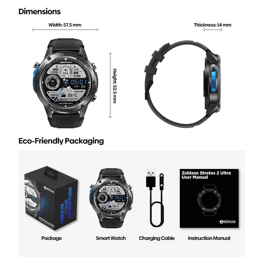 Zeblaze Stratos 2 Ultra Outdoor Smartwatch, 1.43'' Screen, Sleep Health Monitoring, 170+ Sport Modes, 6 Positioning System - Black