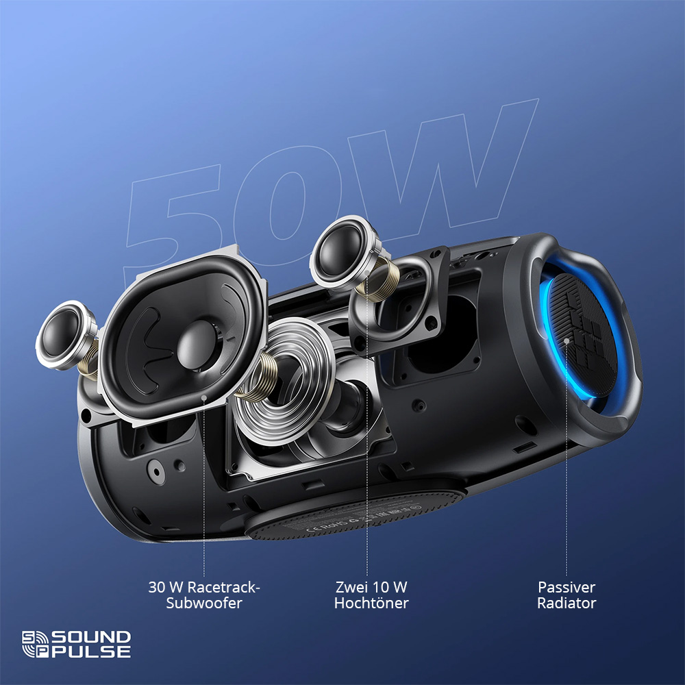 Tronsmart Mirtune S100 Tragbarer Outdoor-Lautsprecher, Bluetooth 5.3, anpassbarer EQ, 50 W Leistung, 20 Stunden Spielzeit, IPX7 wasserdicht, einziehbarer Griff &ndash; Schwarz