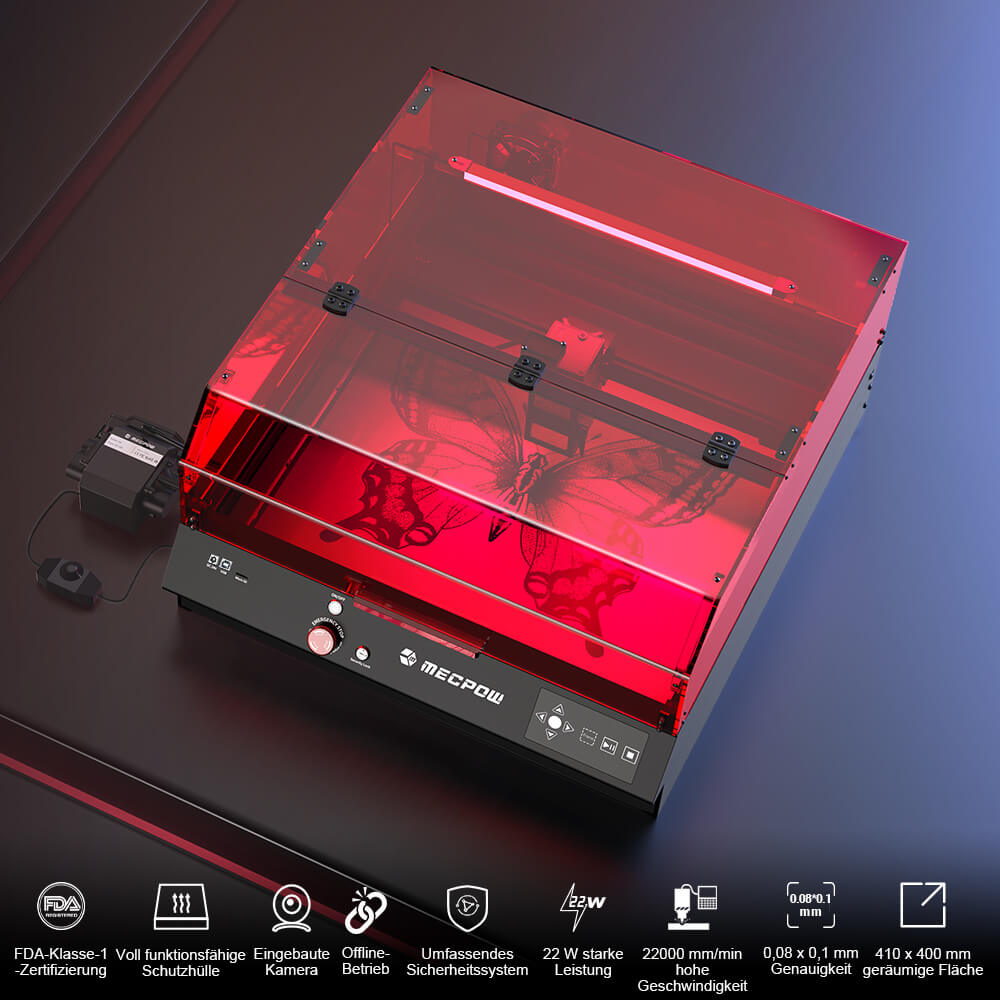 Mecpow X4 Pro 22W Lasergravurmaschine mit eingebauter Kamera, Acryl-Schutzh&uuml;lle und FDA-Klasse-1-Zertifizierung