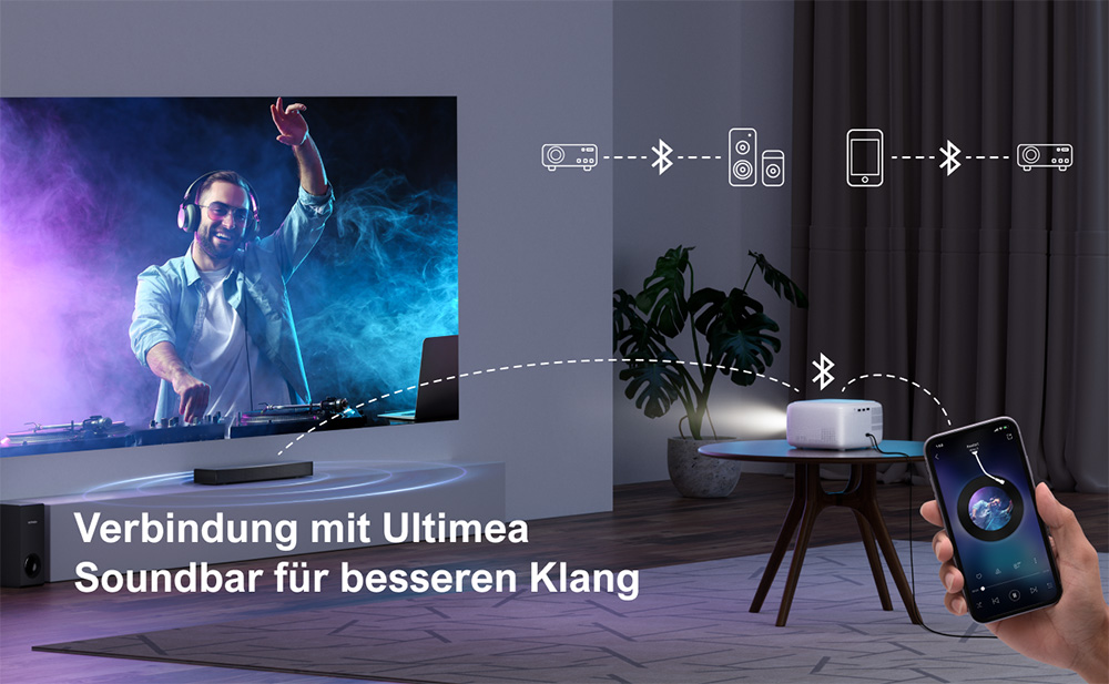 ULTIMEA Apollo P10 Tragbarer Beamer, 300 ANSI, 1080P-Dekodierung, natives 720P, 2,4 GHz/5 GHz WLAN