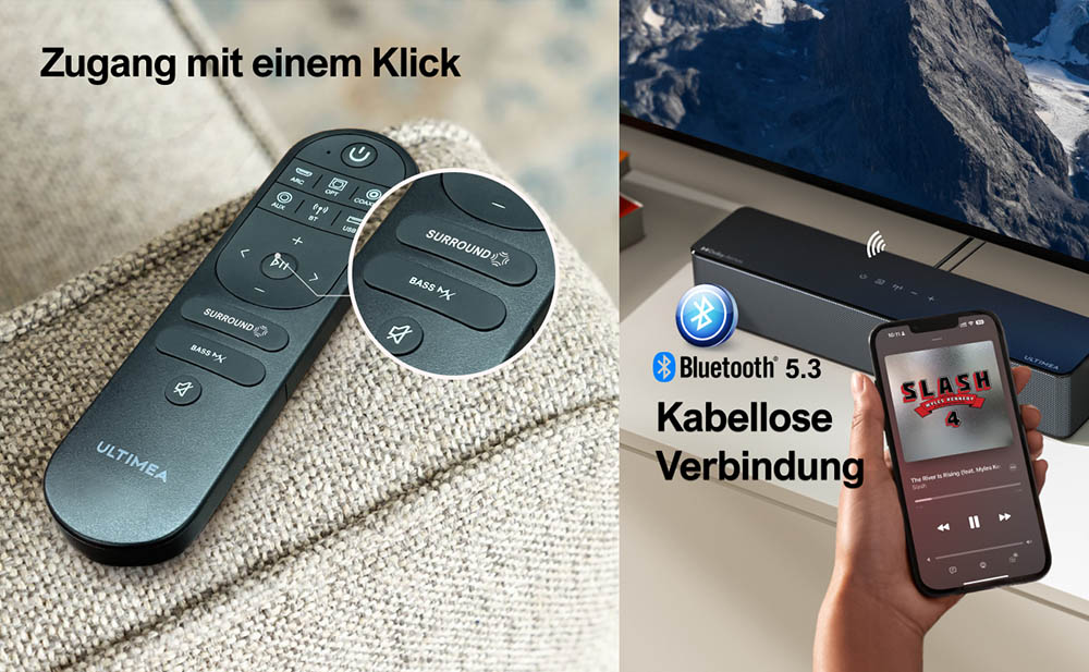 ULTIMEA Poseidon D60 5.1 Soundbar mit Dolby Atmos, 3D Surround Sound System, Soundbar für TV Geräte mit Subwoofer, 2 Rear-Lautsprechern, Soundbar Bluetooth 5.3 mit Einstellbarem Bass