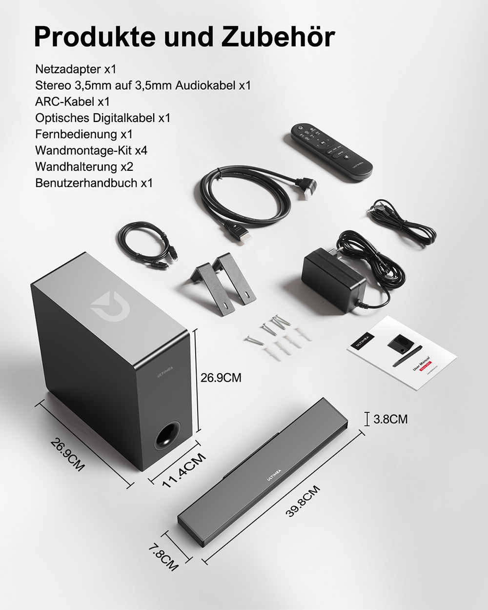 Ultimea Nova S40 Soundbar mit kabelgebundenem Subwoofer, 2.1-Kanal, Film-/Musik-/Spielemodus, Bluetooth 5.3, f&uuml;r TV-PC-Gaming