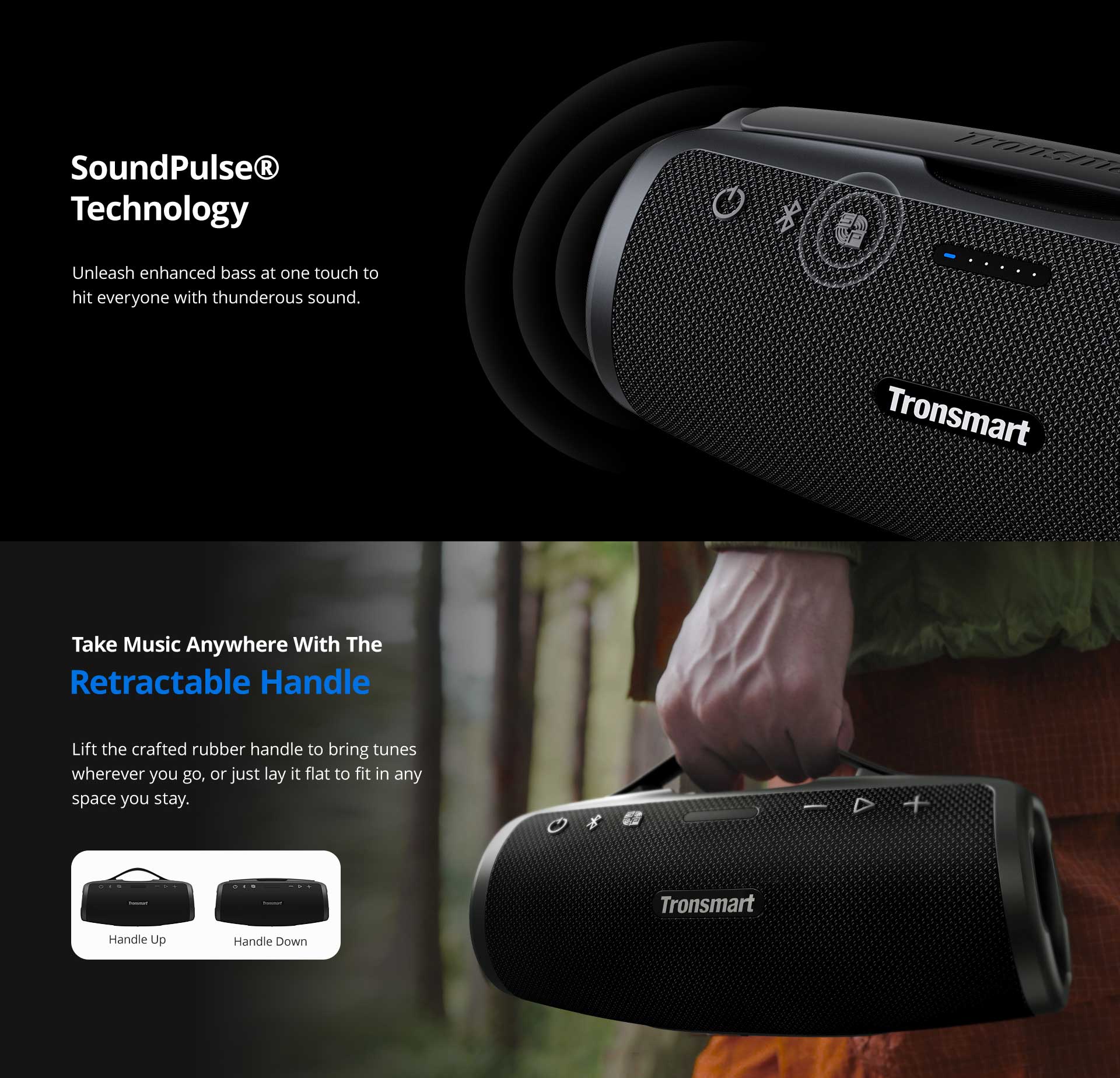 Prenosný vonkajší reproduktor Tronsmart Mirtune S100, Bluetooth 5.3, prispôsobiteľný ekvalizér, výkon 50 W, 20 hodín prehrávania, vodotesnosť IPX7, výsuvná rukoväť - modrý