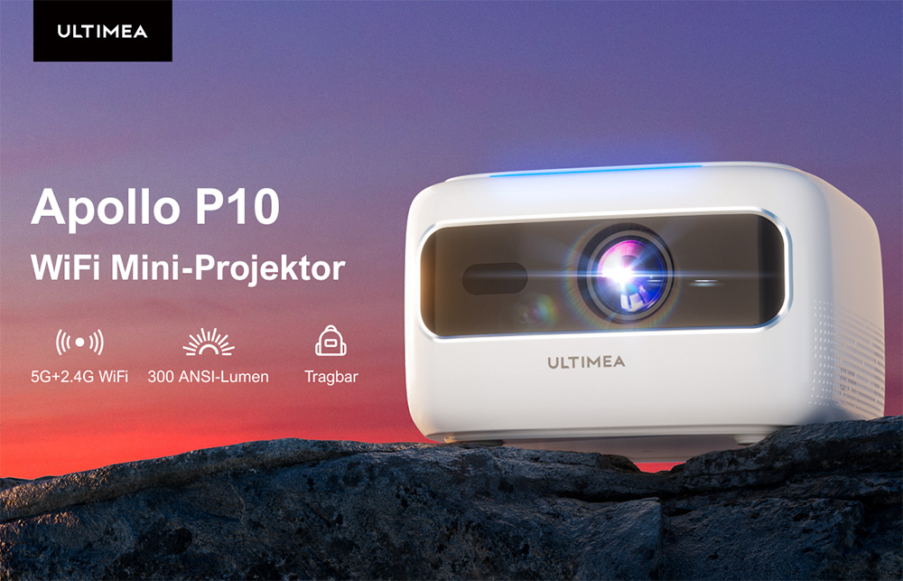 ULTIMEA Apollo P10 Tragbarer Beamer, 300 ANSI, 1080P-Dekodierung, natives 720P, 2,4 GHz/5 GHz WLAN