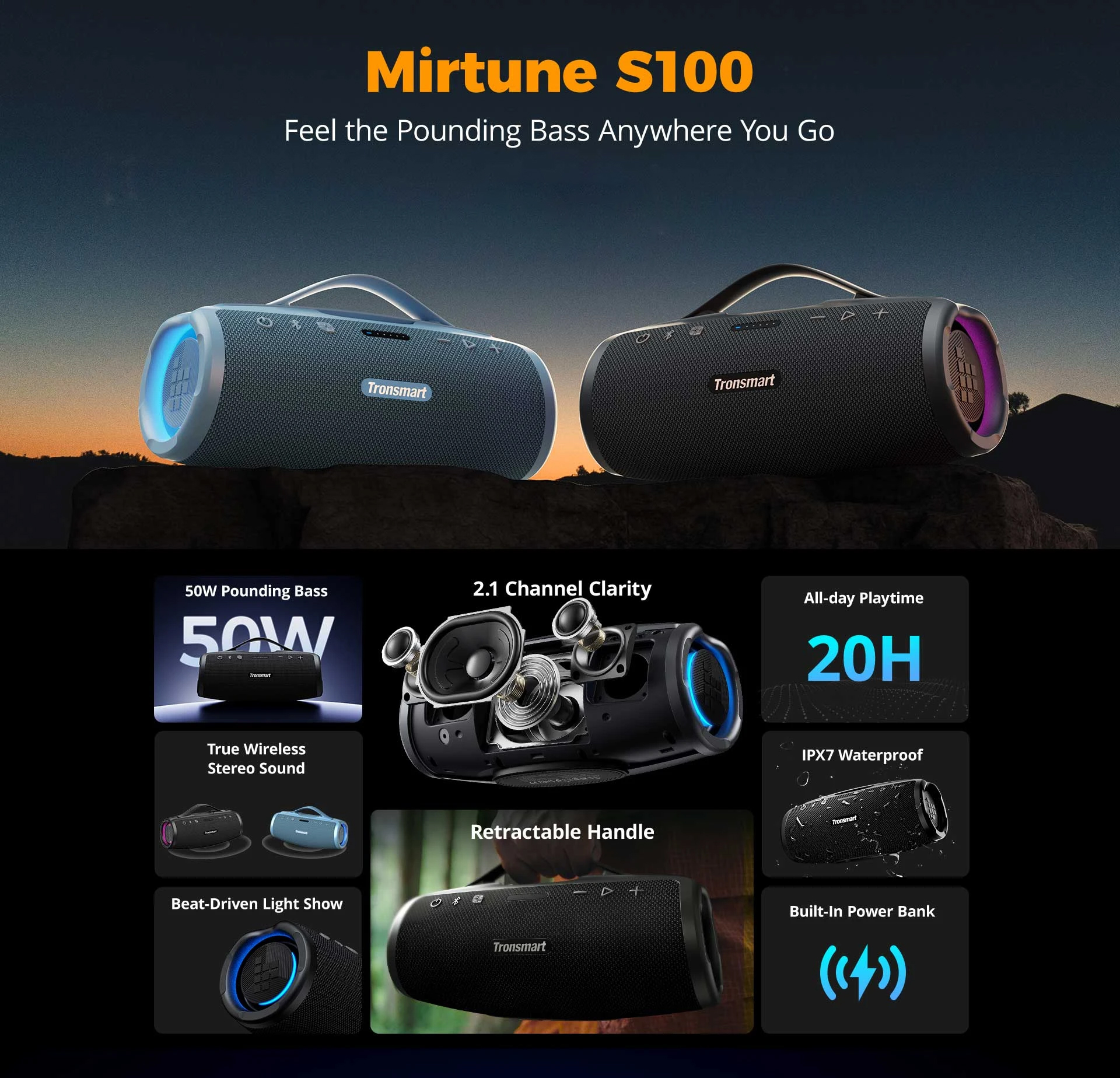 2ks Prenosný vonkajší reproduktor Tronsmart Mirtune S100, Bluetooth 5.3, prispôsobiteľný ekvalizér, výkon 50 W, 20 hodín prehrávania, vodotesnosť IPX7, výsuvná rukoväť - modrý + čierny